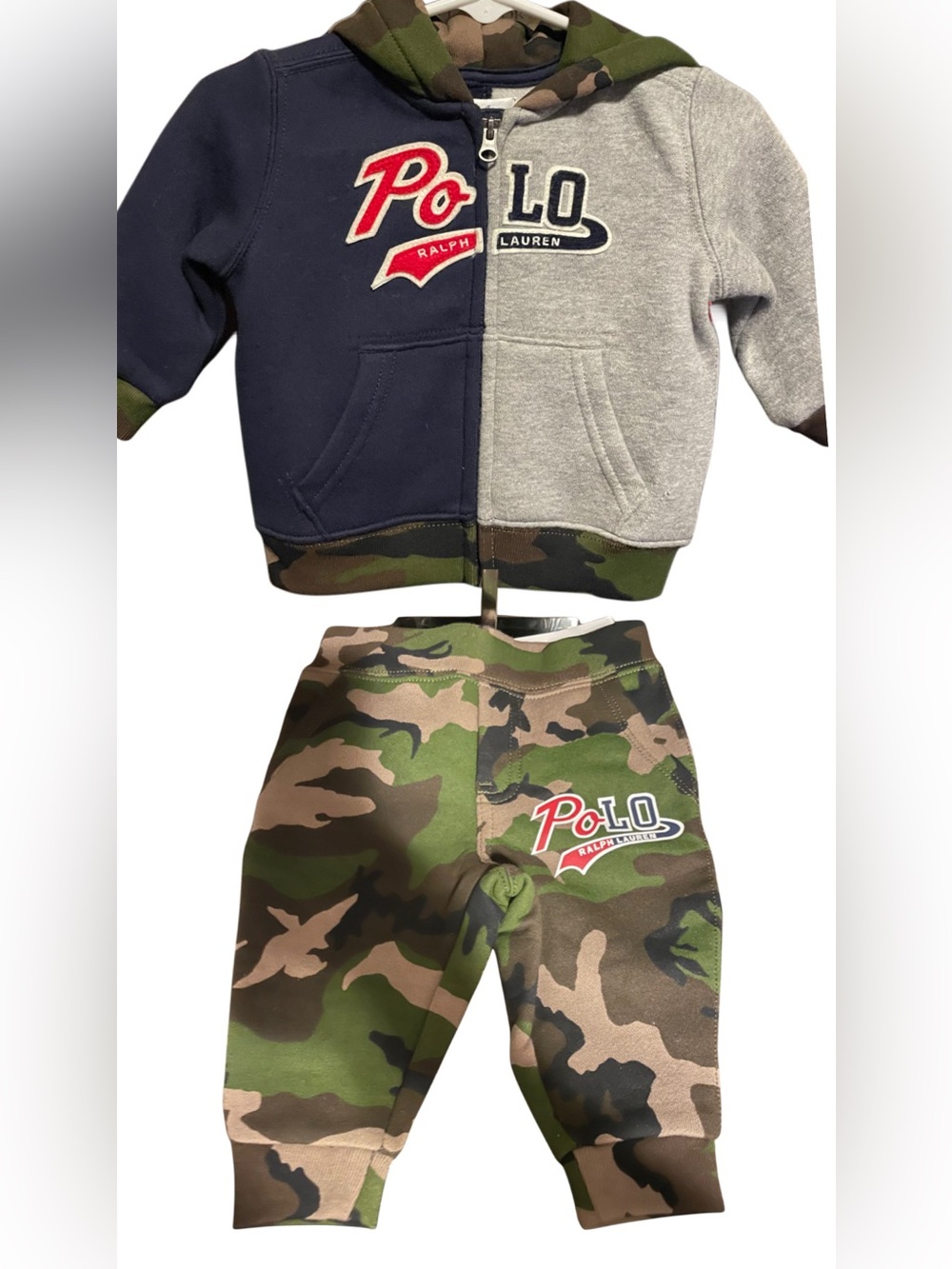 Ralph Lauren Kids Two-Tone Hoodie & Camo Joggers - Navy, Gray & Green Camo 6MO